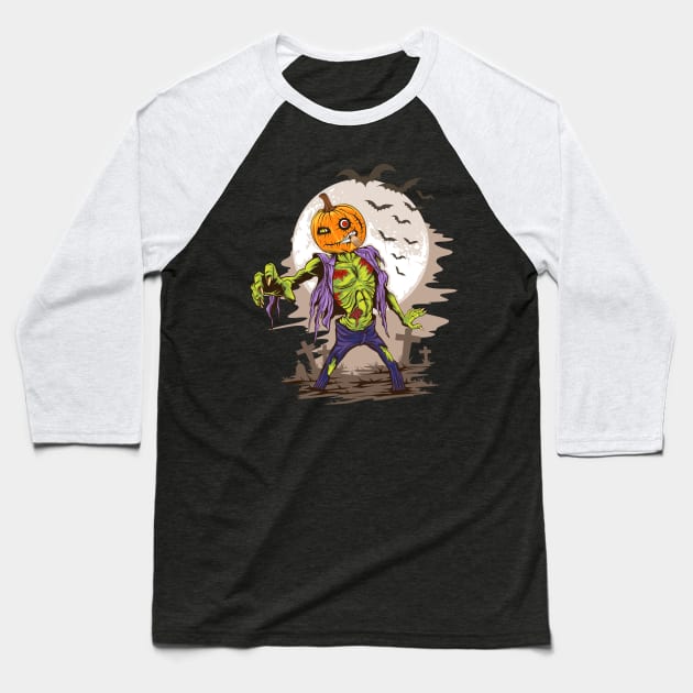 Pumpkin Zombie Baseball T-Shirt by MarinasingerDesigns